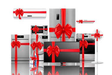 Household and kitchen appliances with red ribbon and bow: microwave oven, refrigerator, vacuum cleaner, blender, toaster. Gift concept. Realistic 3D vector, isolated. Electric device.