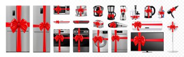 A set of household and kitchen appliances with red ribbon and bow: microwave oven, refrigerator, vacuum cleaner, blender, toaster. Gift concept. Realistic 3D vector, isolated. Electric device.