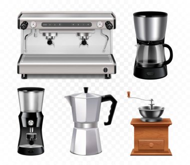 Different types of coffee makers and coffee machines. Coffee maker, professional coffee machine, Manual Coffee Grinder, Turkish coffee pot. Realistic 3d vector illustration