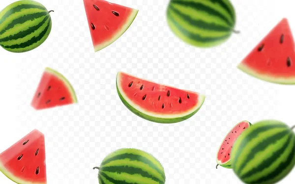 Falling Watermelon Fruit Transparent Background Blurred Realistic Watermelon Slices Geen — Stok fotoğraf
