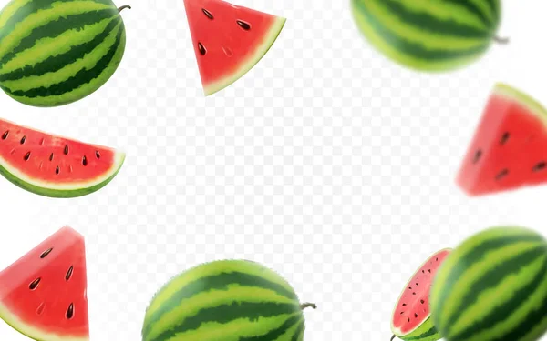 Falling Watermelon Fruit Transparent Background Blurred Realistic Watermelon Slices Geen — ストック写真