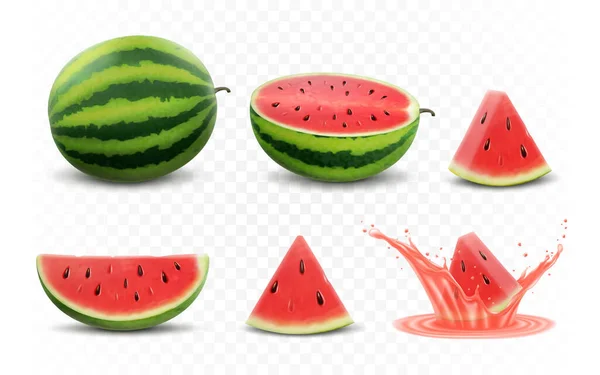 Set Fresh Whole Half Cut Slice Piece Watermelon Isolated White — Zdjęcie stockowe