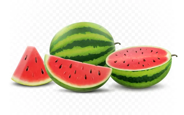 Set Fresh Whole Half Cut Slice Piece Watermelon Isolated White — Fotografia de Stock