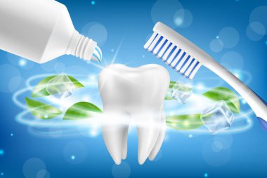 Whitening toothpaste ads. Tooth model and dental care product package design for toothpaste poster or advertising. Realistic 3d Vector illustration. clipart