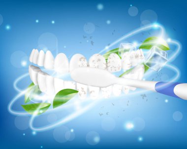 Diş fırçalama. Diş fırçası beyaz sağlıklı dişleri temizliyor. Stomatolojik prosedür, oral sağlık. Diş koruması, diş bakımı önleme kliniği, hijyen rutini. Gerçekçi 3d vektör pankartı