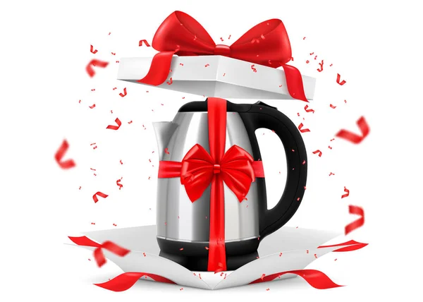 Realistic electric kettle with red ribbon and bow inside open gift box. Gift concept. Kitchen appliances. Isolated 3d vector illustration