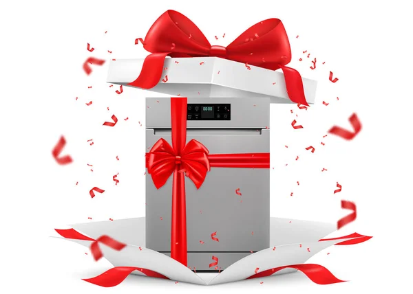 Dishwasher Red Ribbon Bow Open Gift Box Gift Concept Kitchen — Stockfoto
