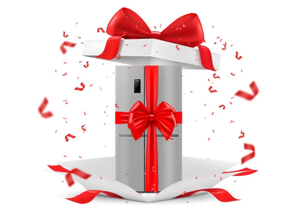 Stainless Steel Refrigerator Red Ribbon Bow Open Gift Box Gift — ストック写真