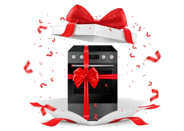 Gas Stove Red Ribbon Bow Open Gift Box Rendering Gift — 图库照片