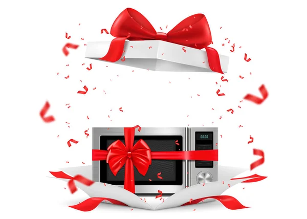 Microwave Red Ribbon Bow Open Gift Box Gift Concept Kitchen —  Fotos de Stock