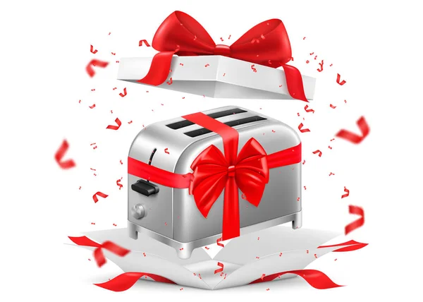 Toaster Red Ribbon Bow Open Gift Box Gift Concept Kitchen — Foto Stock