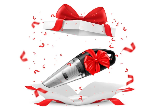 Manual Car Vacuum Cleaner Red Ribbon Bow Open Gift Box — Fotografie, imagine de stoc