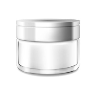 Cosmetic glass jars. Skin care bottles for gel, liquid, lotion, cream. Realistic Cosmetics package mockup, isolated vector illustration.