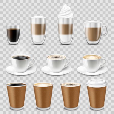 Coffee cup set, isolated on transparant background. Double walled glass mug with hot drink, americano, Cappuccino, espresso, latte, milk brown coffee, vector realistic 3d , mock up. clipart
