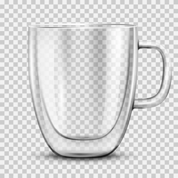 Glass empty coffee cup, isolated on transparent background. Double walled glass mug with hot drink, cappuccino or latte. Mockup for brand advertising.Vector 3d realistic illustration