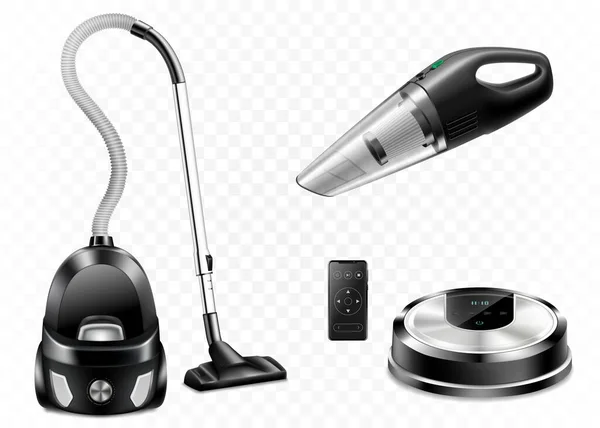Set Realistic Vacuum Cleaners Various Types Isolated White Background Vector —  Fotos de Stock