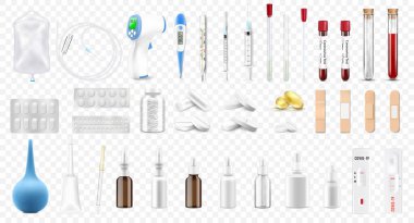 Medical equipment and first aid kit. Realistic 3d medical emergency icon set with pills, enema, injection syringe, nasal spray, test tubes, dropper, thermomete, isolated detailed objects.