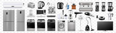 Ev aletleri ve mutfak aletleri: mikrodalga fırın, çamaşır makinesi, buzdolabı, elektrikli süpürge, çoklu pişirici, demir, blender, demir, tost makinesi. Gerçekçi 3 boyutlu vektör, izole illüstrasyon. Elektrik aygıtı.