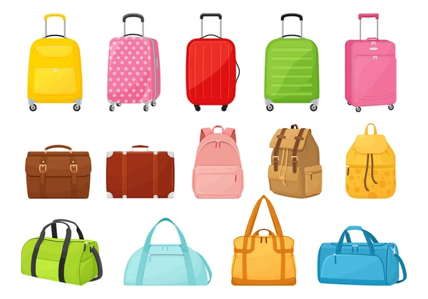 Plastic, metal, leather suitcases and bags. Travel suitcase, journey package, business bag, tripp luggage. Collection different bags, suitcases, backpacks, briefcases, Vector illustration. Flat design