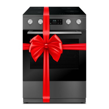 Gas stove with red ribbon and bow. 3D rendering. Gift concept. Realistic vector illustration isolated on white background