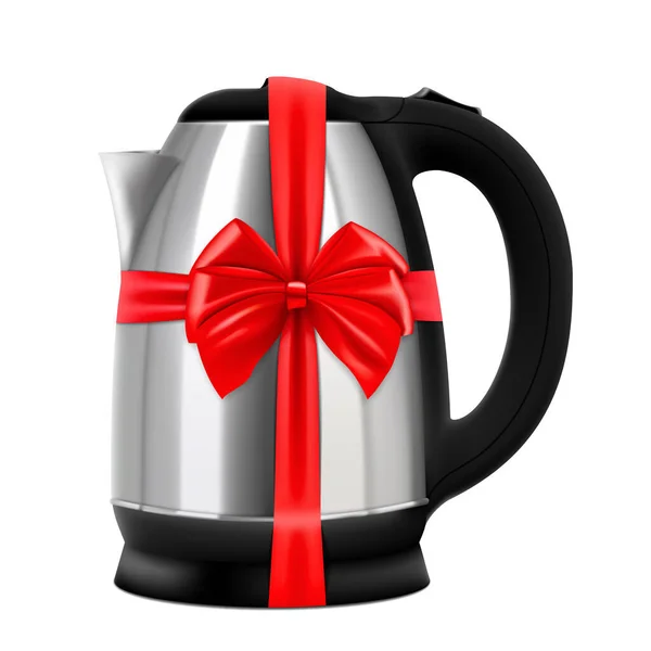 Electric Kettle Red Ribbon Bow Gift Concept Rendering Isolated White — Stock Photo, Image