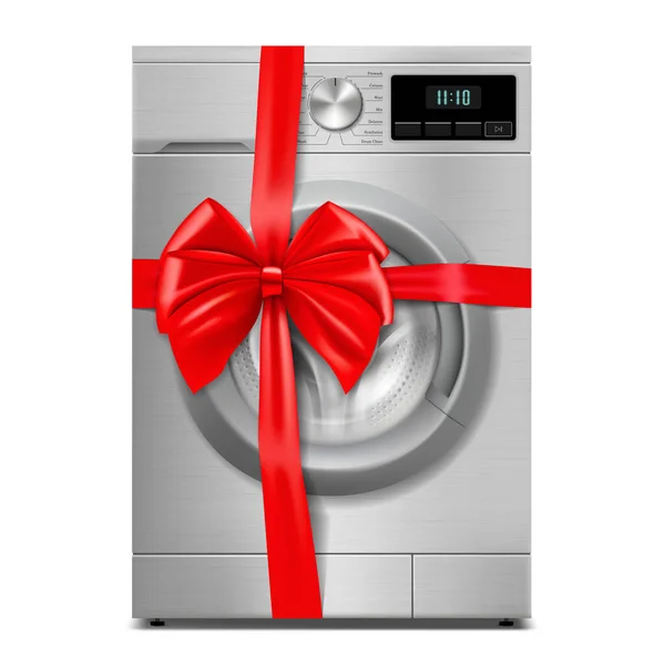 Washing Machine Red Ribbon Bow Rendering Gift Concept Realistic Vector — Stockfoto