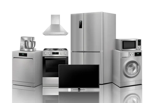Eine Reihe Von Haushaltsgeräten Mikrowelle Waschmaschine Kühlschrank Staubsauger Bügeleisen Herd — Stockfoto