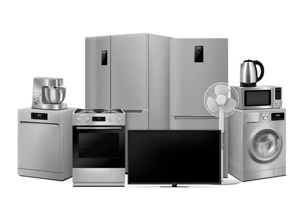 Set Household Appliances Microwave Oven Washing Machine Refrigerator Double Door — ストック写真