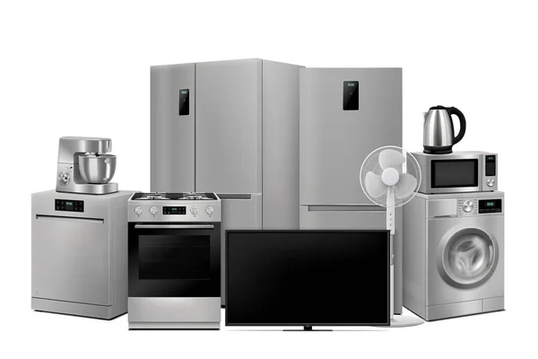 A set of household appliances: microwave oven, washing machine, refrigerator, double door fridge, stove, fan,TV, dishwasher, food processor, kettle. Realistic 3D vector, isolated
