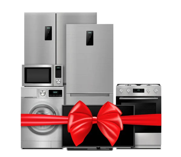 Gruppe Von Haushaltsgeräten Mit Rotem Geschenkband Und Schleife Kühlschrank Mikrowelle — Stockfoto