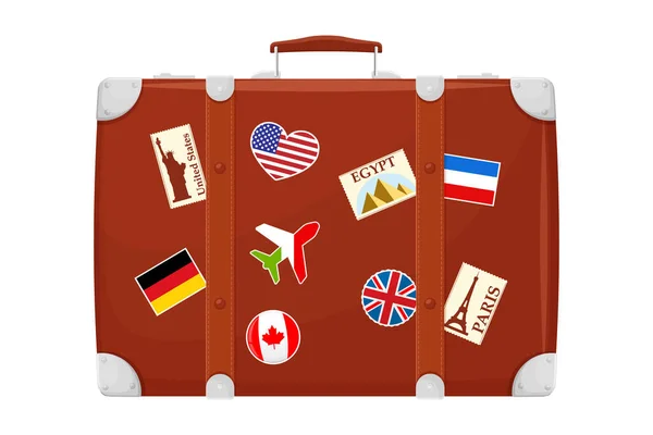 Retro Brown Leather Suitcase Travel Stickers Metal Corners Belts Isolated — Fotografia de Stock