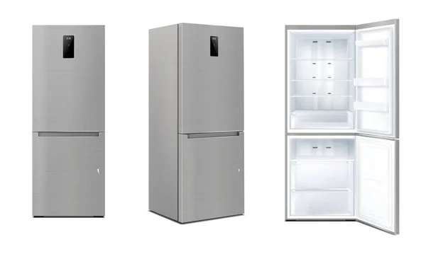 Set Realistic Kitchen Refrigerators Open Closed Door Isolated Fridge Machine — 스톡 사진