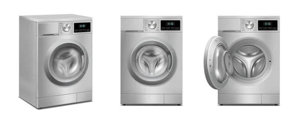 Set Waschmaschinen Isoliert Auf Weißem Hintergrund Frontansicht Und Perspektivenansicht Nahaufnahme — Stockfoto