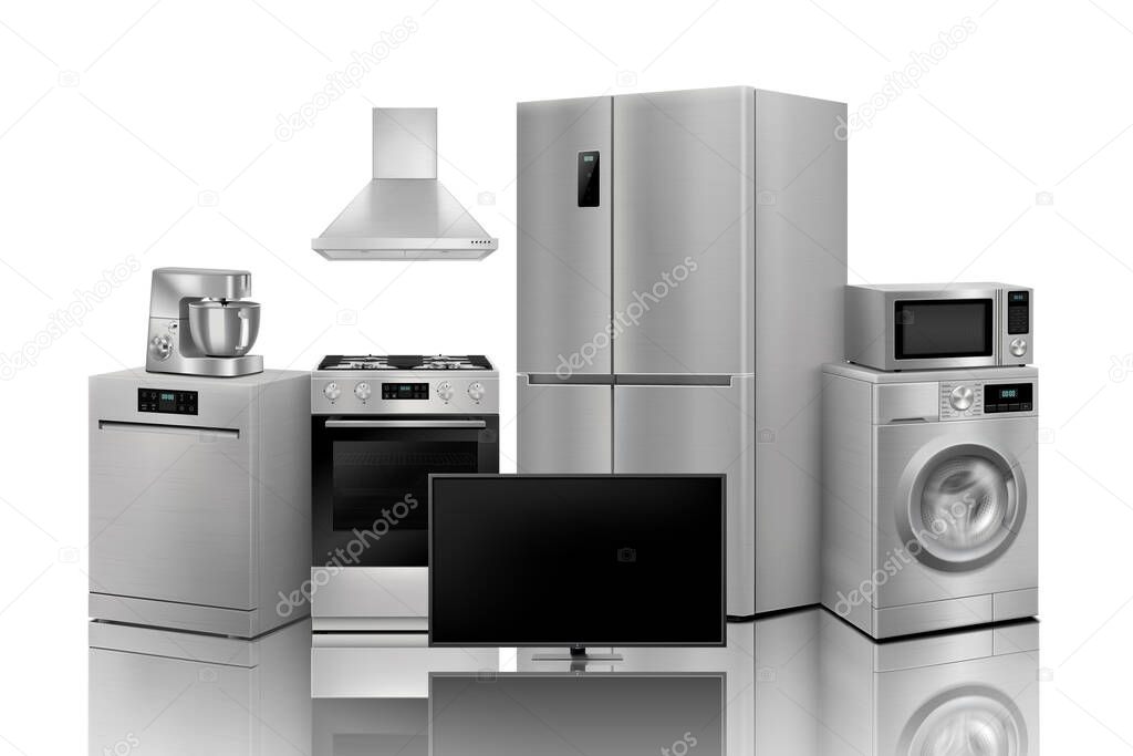 A set of household appliances: microwave oven, washing machine, refrigerator, vacuum cleaner, iron, stove, fan, air conditioner,TV, dishwasher, kitchen hood. Realistic 3D vector, isolated