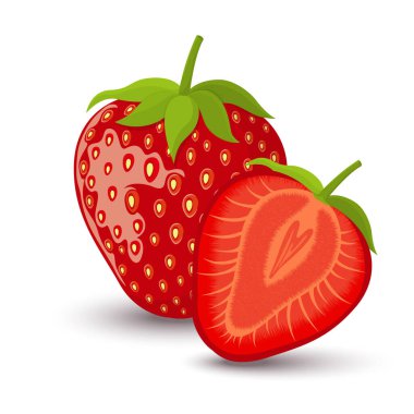 Fresh bright exotic whole and half cut strawberry isolated on white background. Summer fruits for healthy lifestyle. Organic fruit. Flat style. Vector illustration for any design.