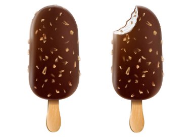 Ice cream with chocolate glaze and nuts on a stick. Brown whole and bitten chocolate ice cream popsicle with peanuts isolated on white background Realistic 3D vector food posters and summer banners.