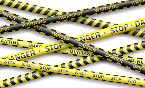 Protective tape, quarantine, warning, danger ribbon realistic. Coronavirus 2019-nCOV, realistic seamless yellow and white security tapes. Global pandemic of COVID-2019.