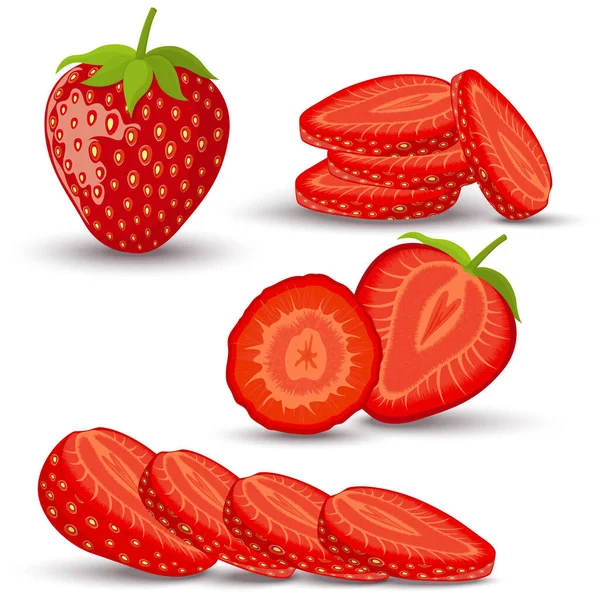 Set Strawberry Whole Slice Half Strawberry Isolated White Background Vector — 图库照片