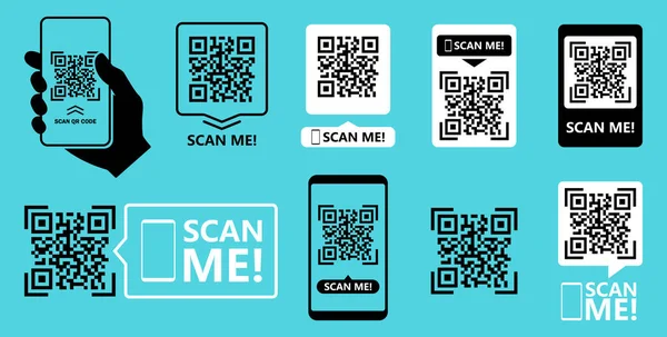 Akıllı telefon için QR kod taraması. Qr kod çerçeve vektörü ayarlandı. Akıllı telefon için QR kodunu tara. Cep telefonu uygulaması, ödeme ve telefonun QR kodu. Telefon etiketimi tara. Vektör illüstrasyonu.