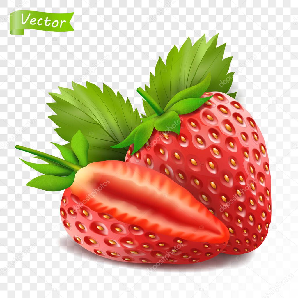 Whole strawberry and sliced half strawberry. Fresh red ripe mellow berry on white background. Realistic 3d isolated vector illustration