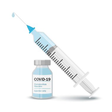 Şırınga ile enjeksiyon için tıbbi şişeler. Covid-19 Coronavirus konsepti. Aşı şişesi ve şırınga. Salgın covid-19 salgını. izole edilmiş simge. düz vektör illüstrasyonu