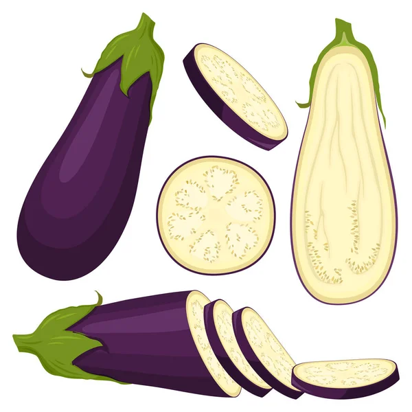 Eggplant Set Isolerad Vit Bakgrund Hela Skivor Hälften Färsk Aubergine — Stockfoto