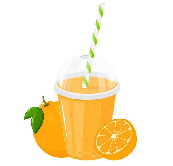 Orange Juice Smoothie Plastic Glass Isolated White Background Flat Cartoon —  Fotos de Stock