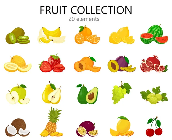 Set Fruits Isolated White Fresh Bright Fruits Icons Flat Style — Stockfoto