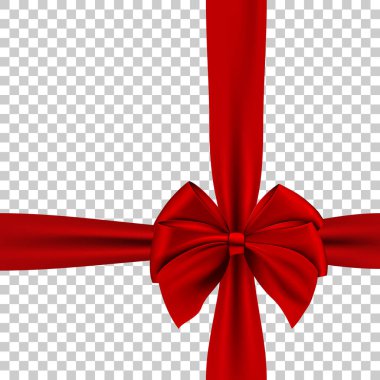 Şeffaf arka planda izole edilmiş gerçekçi kırmızı fiyonk ve kurdele. Bir tebrik kartı, poster ya da broşür için şablon. Vektör illüstrasyonu