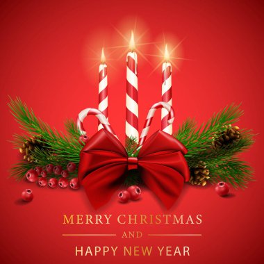 Merry Christmas Realistic Shining Candles, Burning Fire, Light Garlands and Fir Tree Branches on Red Background. Vector illustration
