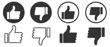 Baş parmaklar yukarı ve baş parmaklar aşağı. Simge koleksiyonu seti gibi. Web afişleri, web siteleri, basılı materyaller, bilgi grafikleri için modern grafik öğeleri. Vektör illüstrasyonu beyaz arkaplanda izole edildi