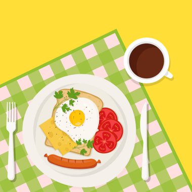 Kahvaltıda. Bir fincan kahve, peynirli omlet, sosis ve domates dilimleri, kızarmış ekmek. Damalı bir masa örtüsünün arka planında vektör illüstrasyonu, düz tasarım