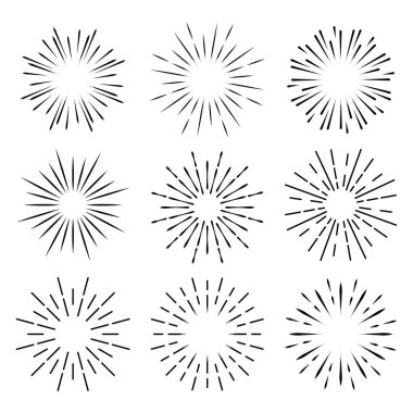 Işık ışınları, kuvvetli güneş ışığı ve güneş ışınlarının kümesi. Tasarım öğeleri, Doğrusal çizim, vintage hippi tarzı. Işık ışınları sunburst, ok, şerit vektör çizim