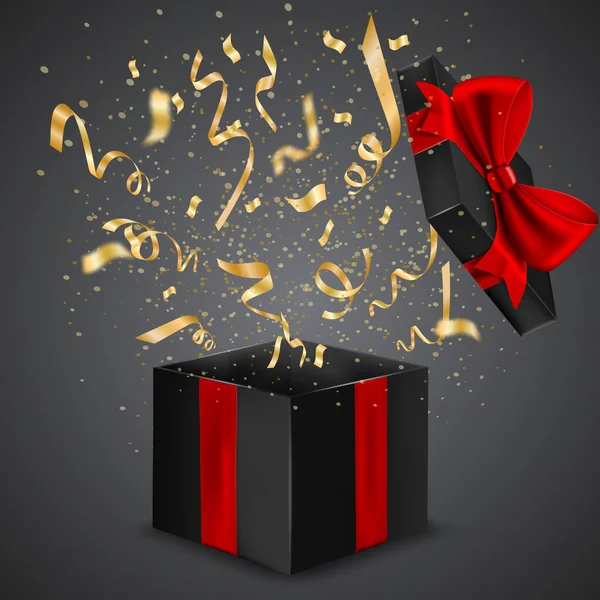 Opened Black Gift Box Red Ribbon Bow Serpentine Dark Background — Photo